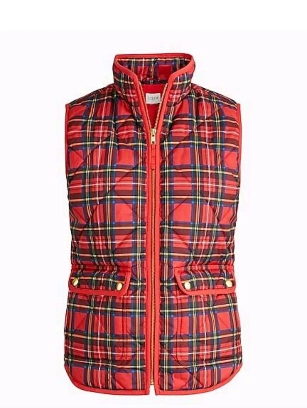 J Crew BM367 NWT Size M Festive Red Tartan Plaid Puffer Vest w/ Snap Pockets